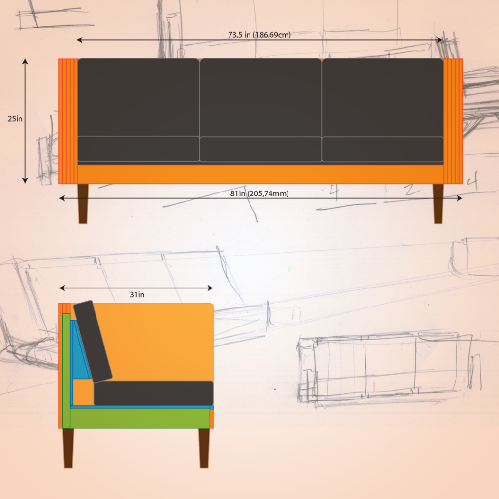 High arm sofa design shown from the front and side.